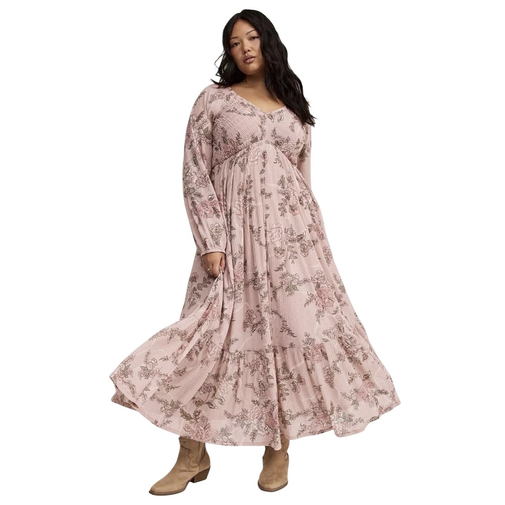 Torrid Smocked Maxi Dress M/L-00 Pink Boho Cottagecore Whimsy Goth Festival